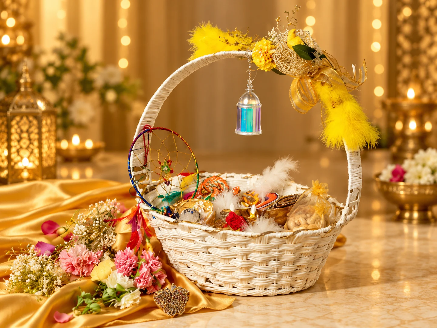 Divine Glow Basket: An expressive white basket with traditional accents, dry fruits and colourful festive light.