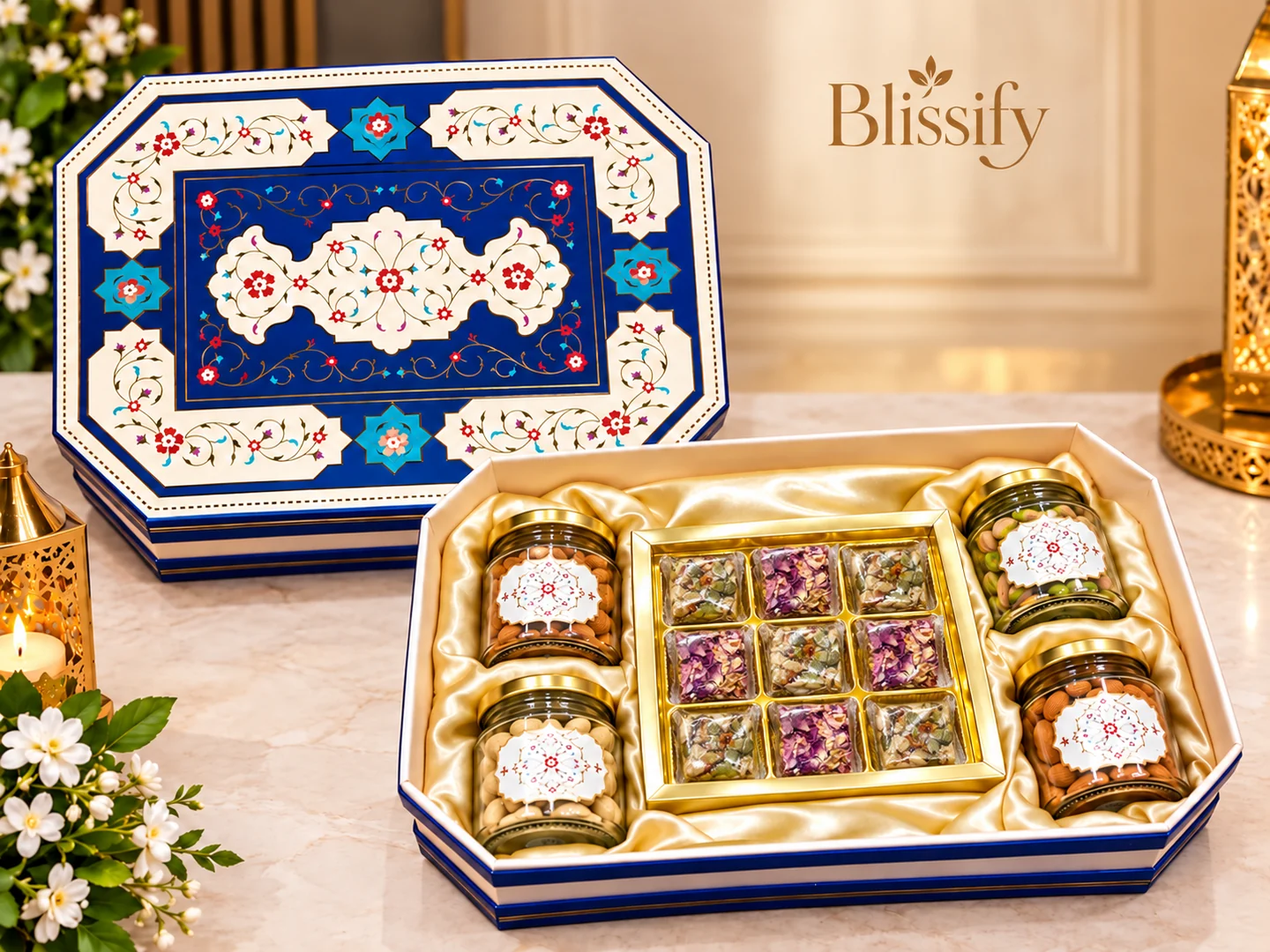 The Royal Bloom: Floral blue and ivory, four dry fruit jars and a centre filled with sweet pieces.