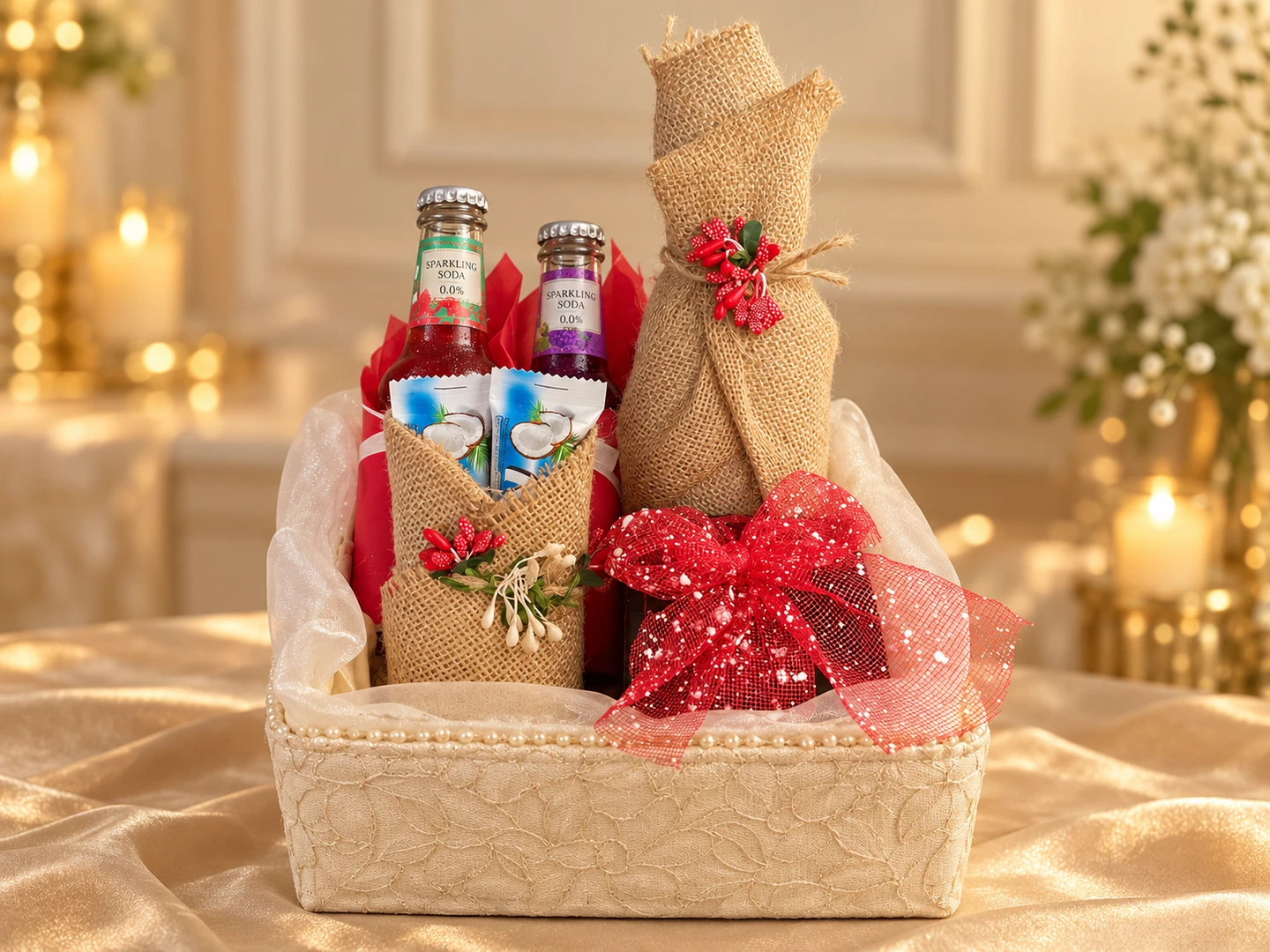 The Scarlet Celebration: A watch-led luxury gift with sparkling non-alcoholic drinks, coconut chocolates and a champagne-ivory basket, finished in natural jute and scarlet ribbon.