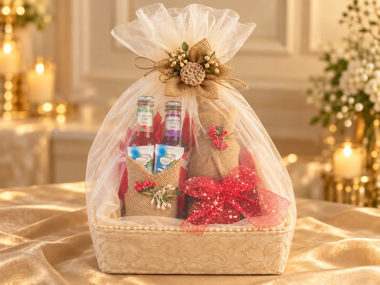 The Scarlet Celebration wrapped in sheer ivory organza with a natural jute flower tie